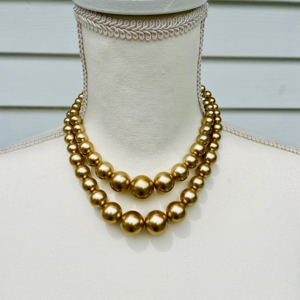 Vintage Gold Double Strand Faux Pearl Choker Necklace Chunky Graduated Hook 18in